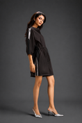 Load image into Gallery viewer, Dark Brown Shirt Romper With Drawstring Waist, Black Details, And Metallic Side Panels