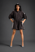 Load image into Gallery viewer, Dark Brown Shirt Romper With Drawstring Waist, Black Details, And Metallic Side Panels