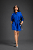 Load image into Gallery viewer, Blue Shirt Romper With Drawstring Waist, Black Details, And Metallic Side Panels