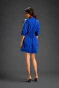 Load image into Gallery viewer, Blue Shirt Romper With Drawstring Waist, Black Details, And Metallic Side Panels