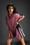 Load image into Gallery viewer, Pink Shirt Romper With Drawstring Waist, Black Details, And Metallic Side Panels
