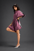 Load image into Gallery viewer, Pink Shirt Romper With Drawstring Waist, Black Details, And Metallic Side Panels