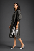 Load image into Gallery viewer, Dark Green Shirt Dress With Black Panels And Metallic Side Detailing