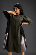 Load image into Gallery viewer, Dark Green Shirt Dress With Black Panels And Metallic Side Detailing