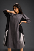 Load image into Gallery viewer, Warm Grey Shirt Dress With Black Panels And Metallic Side Detailing