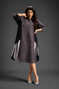 Load image into Gallery viewer, Warm Grey Shirt Dress With Black Panels And Metallic Side Detailing