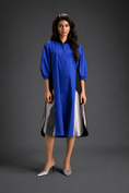Load image into Gallery viewer, Blue Shirt Dress With Black Panels And Metallic Side Detailing
