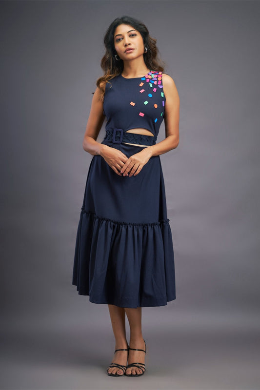 Navyblue Dress With Gather At Bottom & Confetti Detailing