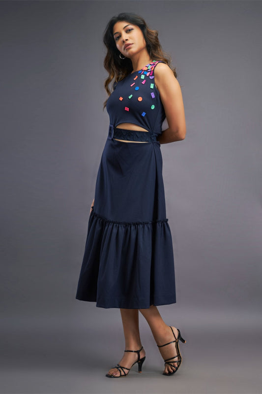 Navyblue Dress With Gather At Bottom & Confetti Detailing