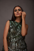 Load image into Gallery viewer, Silver & Green Ruffled Drape At One Side Pleated Metallic Sleeveless Dress