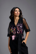 Load image into Gallery viewer, Black Sequin V-Neck Jumpsuit with Sheer Sleeves