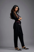 Load image into Gallery viewer, Black Sequin V-Neck Jumpsuit with Sheer Sleeves
