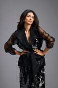 Load image into Gallery viewer, Black Organza Sleeve Sequin Wrap Top