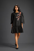 Load image into Gallery viewer, Black Puffed Sleeve Cut-Out Embroidered Dress