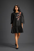 Load image into Gallery viewer, Black Puffed Sleeve Cut-Out Embroidered Dress