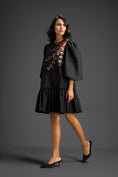 Load image into Gallery viewer, Black Puffed Sleeve Cut-Out Embroidered Dress