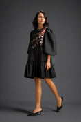 Load image into Gallery viewer, Black Puffed Sleeve Cut-Out Embroidered Dress