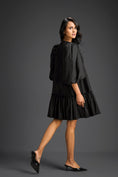 Load image into Gallery viewer, Black Puffed Sleeve Cut-Out Embroidered Dress