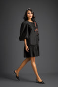 Load image into Gallery viewer, Black Puffed Sleeve Cut-Out Embroidered Dress