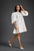 Load image into Gallery viewer, White Puffed Sleeve Cut-Out Embroidered Dress
