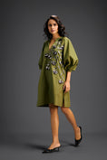 Load image into Gallery viewer, Green Metallic Floral Embroidered Dress