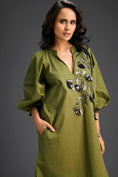Load image into Gallery viewer, Green Metallic Floral Embroidered Dress