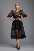 Load image into Gallery viewer, Sheer Black Sculpted Midi Dress