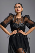 Load image into Gallery viewer, Sheer Black Sculpted Midi Dress