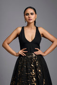 Load image into Gallery viewer, Black & Gold Metallic Sculpted Cutwork Midi Skirt with Bodysuit
