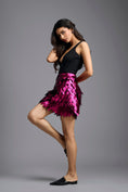 Load image into Gallery viewer, Black Deep-Neck Bodysuit with Metallic Pink Geometric Mini Skirt