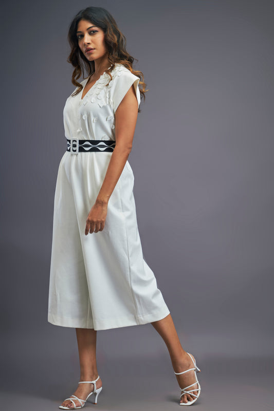 White Jumpsuit With B&w Cutwork Detailing Belt