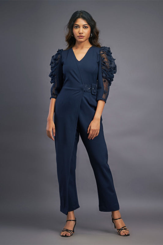 Navyblue Overlap Jumpsuit With Attached Belt