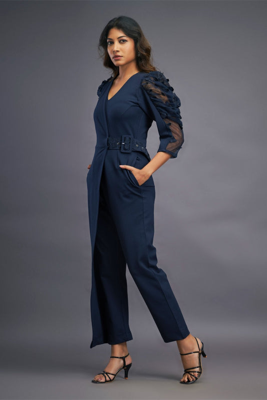 Navyblue Overlap Jumpsuit With Attached Belt