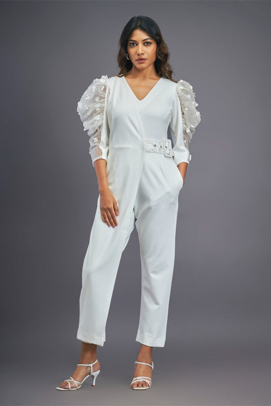 White Overlap Jumpsuit With Attached Belt