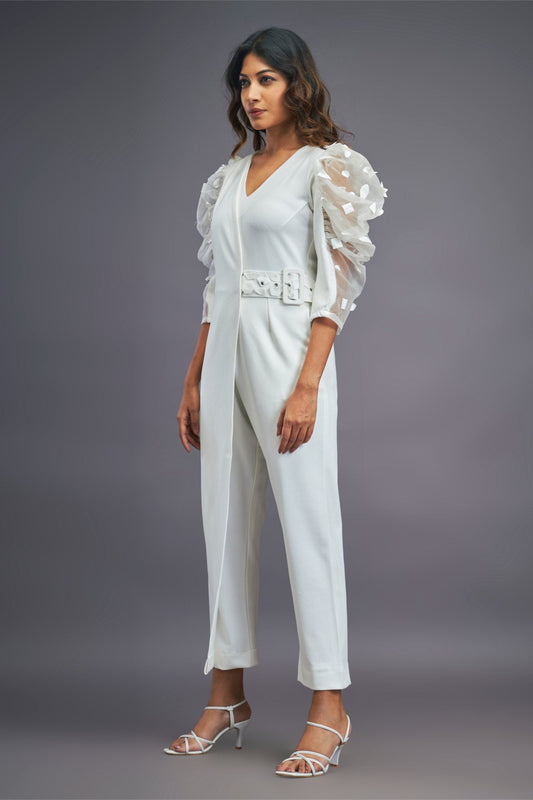White Overlap Jumpsuit With Attached Belt