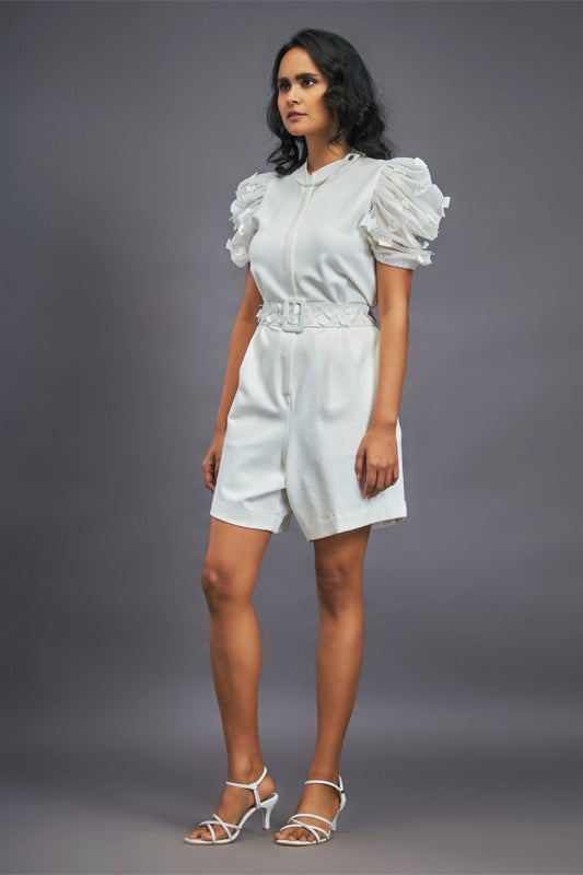 White Playsuit With Net Puffed Sleeves