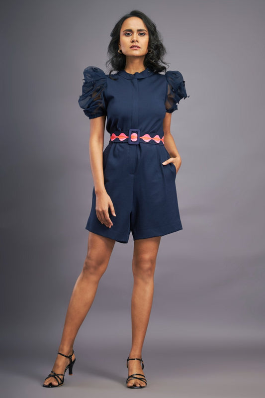 Navyblue Playsuit With Net Puffed Sleeves