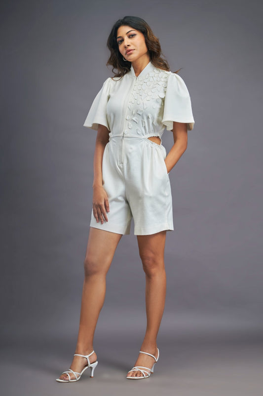 White Playsuit With Ruffle Sleeves & Confetti Detailing