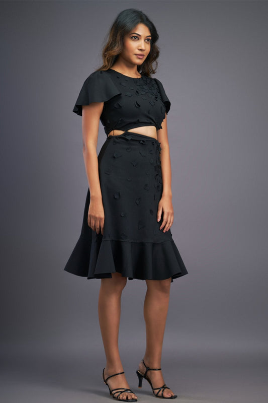Black Dress With Gathers At Bottom & Ruffle Sleeves