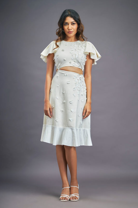 White Dress With Gathers At Bottom & Ruffle Sleeves