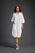 Load image into Gallery viewer, White Puffed Sleeve Shirt Dress with Sheer Back