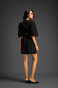 Load image into Gallery viewer, Black Puff Sleeves V-Neck 3D Embellished Dress