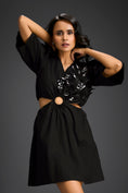 Load image into Gallery viewer, Black Puff Sleeves V-Neck 3D Embellished Dress