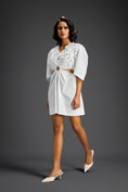 Load image into Gallery viewer, White Puff Sleeves V-Neck 3D Embellished Dress