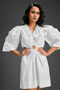 Load image into Gallery viewer, White Puff Sleeves V-Neck 3D Embellished Dress