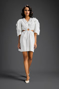 Load image into Gallery viewer, White Puff Sleeves V-Neck 3D Embellished Dress