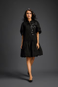 Load image into Gallery viewer, Black 3D Floral Embellished Puff Sleeve Dress