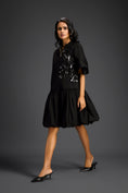 Load image into Gallery viewer, Black 3D Floral Embellished Puff Sleeve Dress