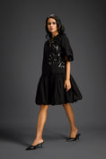 Load image into Gallery viewer, Black 3D Floral Embellished Puff Sleeve Dress