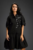 Load image into Gallery viewer, Black 3D Floral Embellished Puff Sleeve Dress